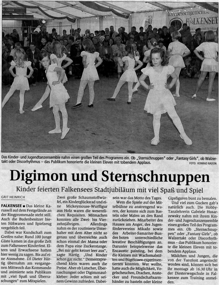 (Märkische Allgemeine vom 05.10.2001 zum Auftritt beim Falkenseer Stadtfest 2001)