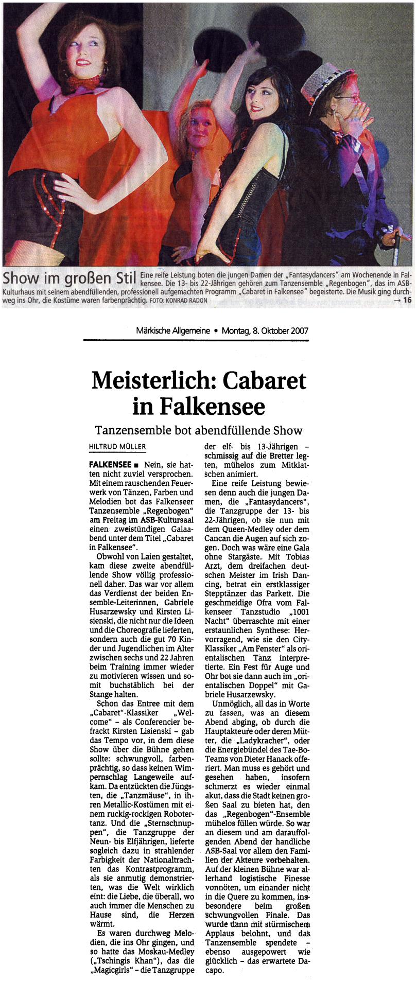 (Märkische Allgemeine vom 08.10.2007 zur zweiten Tanzshow am 05.10.2007)